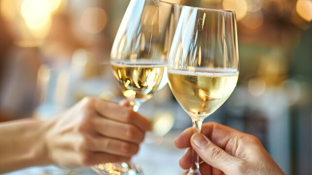 Making a celebratory toast with hands holding glasses of champagne or wine. Birthday, holiday, party, and friendship concept.