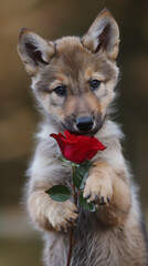 portrait of a puppy wolf dog with a rose