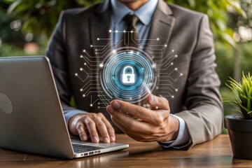 A man is holding a laptop with a security symbol on it