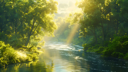 Sunbeams Over Serene River in Lush Forest