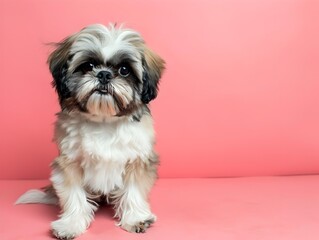 Adorable Shih Tzu Puppy Posing on Coral Pink Backdrop with Blank Space