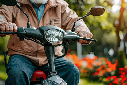 Elderly gentleman using an electric scooter for mobility