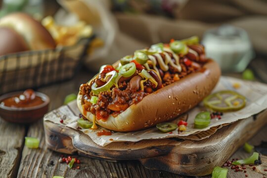 a hot dog with chili and cheese on a wooden cutting board