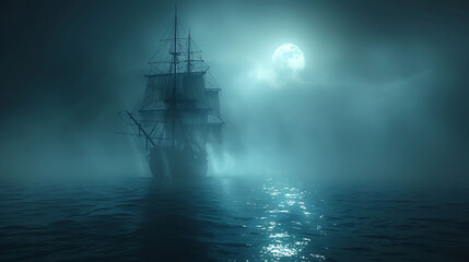 A ghost ship sailing through a foggy sea under a moonlit sky.