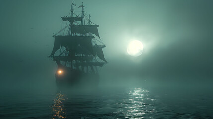 A ghost ship sailing through a foggy sea under a moonlit sky.