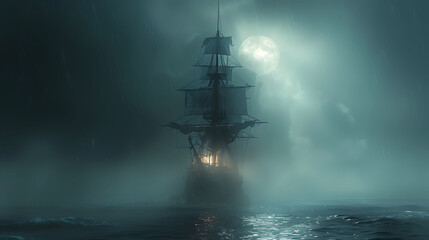 A ghost ship sailing through a foggy sea under a moonlit sky.