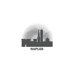 Naples skyline, downtown panorama logo, logotype. Italy city badge contour, isolated vector pictogram with palace, monuments, landmarks, castle at sunrise, sunset