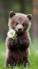 brown baby bear in the woods with flowers