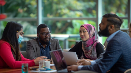 Multicultural Teamwork at Small Meeting Table Discussing Project
