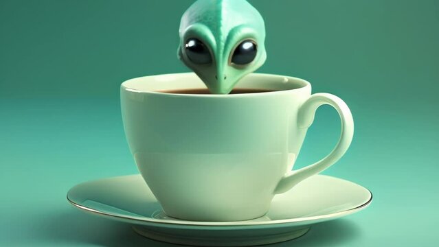 A curious little alien peeks out from a coffee cup, blending the ordinary with the extraordinary. This quirky 3D render is perfect for designs related to space, humor, and the unknown. 
