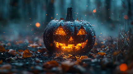  A glowing jack-o'-lantern in the middle of a dark, foggy forest.