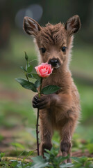 Cute Baby Deer with flower rose