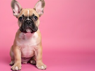 Adorable French Bulldog Puppy Sitting on Fuchsia Background with Clear Space