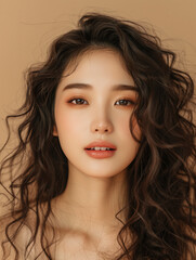 Naklejka premium young lady beautiful curry long hair asian gold make up 