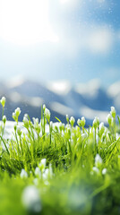 Fototapeta premium Beautiful spring background with dew drops on fresh green grass
