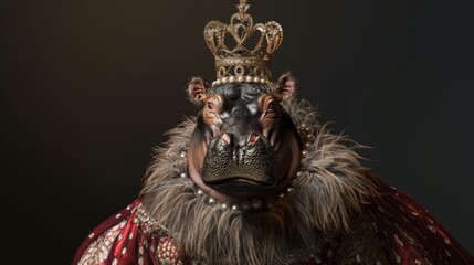 Obraz premium Hippopotamus wearing a queen's dress and crown, on a black background.