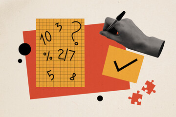 Composite collage image of hand write solve problem task math study information knowledge billboard...