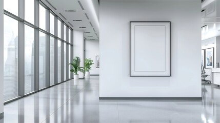 Fototapeta premium A large white wall with a black frame and a white picture hanging in the middle. The room is empty and has a clean, modern look