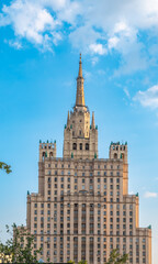 The view on the residential Stalinist high-rise building on Kudrinskaya Square. It is the one of seven Stalinist skyscrapers built in 1947-1954.