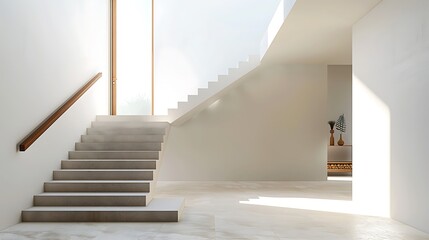 A contemporary entrance with a simple yet elegant staircase featuring a single-piece wooden handrail that flows seamlessly from the first to the second floor