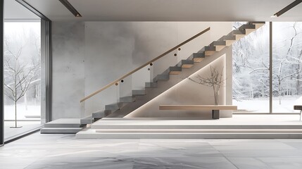 Fototapeta premium A contemporary entrance with a simple yet elegant staircase featuring a single-piece wooden handrail that flows seamlessly from the first to the second floor