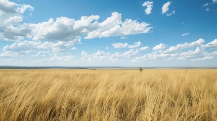 a serene blue sky with fluffy white clouds above a vast field of brown grass