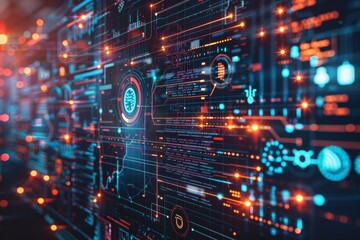 A futuristic space with a blue hologram screen in the center. The technology background