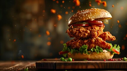 A large burger with two pieces of fried chicken on top of it. The burger is covered in lettuce and tomatoes, and there are some carrots scattered around it. The burger is sitting on a wooden table