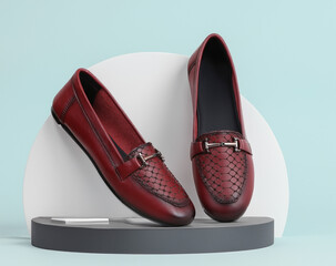 creative shot of leather moccasins. leather slip on shoes isolated 