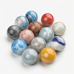 Fototapeta premium A collection of colorful marbles, with various patterns and colors, are scattered on a white background