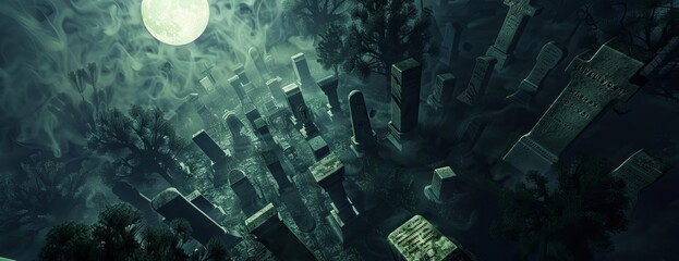 Birds-eye view of a graveyard cemetery, spooky dark night, full moon casting eerie light, shadows of tombstones, ghostly haze, photorealistic digital art, halloween holiday event backdrop