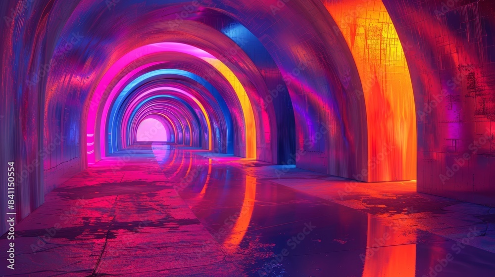 Poster a surreal landscape within a neon-lit tunnel, where the walls morph and distort under the influence 
