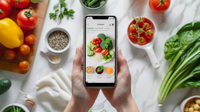 A person holds a smartphone displaying a recipe for a vegetarian salad with fresh ingredients, surrounded by ingredients like tomatoes, peppers, and leafy greens.
