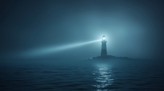A lighthouse beams its light through dense fog, guiding ships safely on a calm night ocean, creating a serene atmosphere.