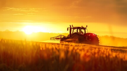 Fototapeta premium A tractor is spraying a field of wheat. The sun is setting in the background, casting a warm glow over the scene