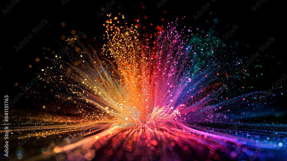 Poster A vibrant explosion of multicolored sparks erupting from a shimmering firework, capturing the fleeting beauty of light in motion.