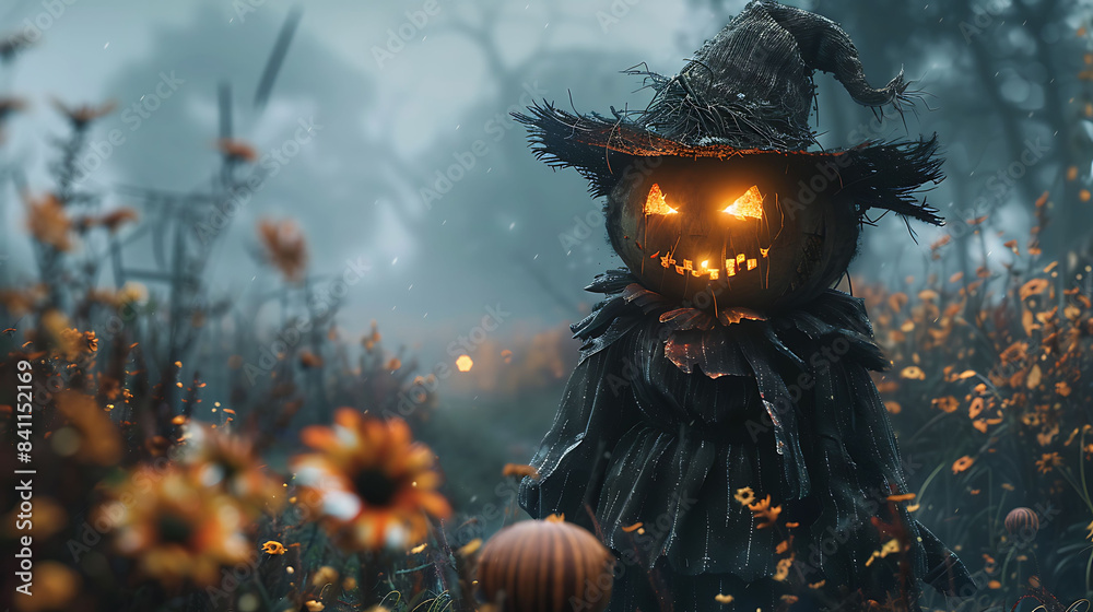 Wall mural a haunted scarecrow standing in a foggy pumpkin patch at night. - Wall murals
