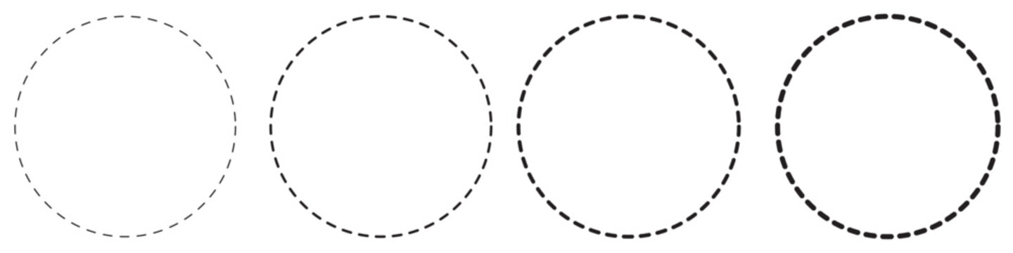 Simple Round Dashed and Dotted Lines.Set of dashed circle flat icons. Broken rings. Dotted ring symbol. Simple dashed round lines. Abstract graphic element. Round cut line. Vector template.