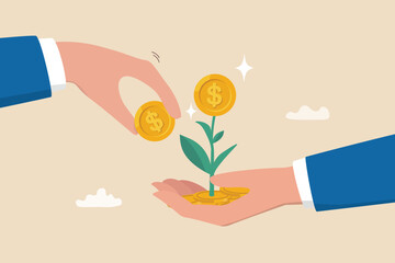 Investment growth, investing for financial independent or financial freedom, mutual fund or growth stock, saving or earning profit concept, businessman hand put money coin on growing money seedling.