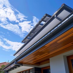 A detailed look at the roofing and gutter system of a modern suburban house, emphasizing sustainability and modern design.