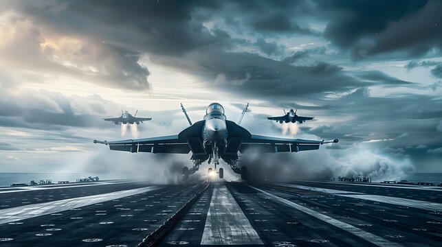 Three fighter jets are taking off from a runway. The sky is cloudy and the sun is setting