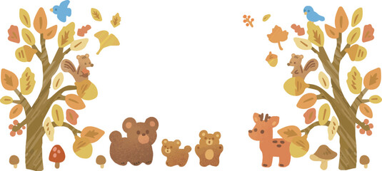 Fototapeta premium あしらい 飾り アイコン 秋 動物 落ち葉 葉 水彩 手描き かわいい おしゃれ イラスト素材セット