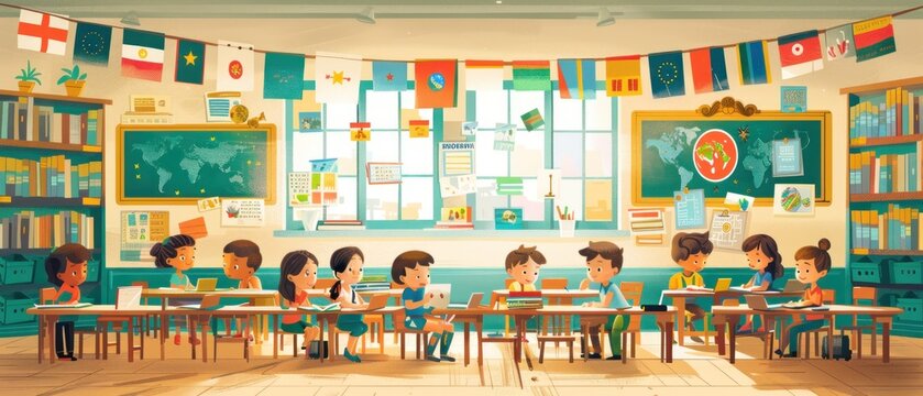This 2D illustration depicts a dynamic international school environment on literacy day. Students are immersed in reading and writing activities under the guidance of their teacher. The classroom is