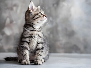 Obraz premium Adorable Tabby Kitten Sitting Calmly on a Soft Gray Background