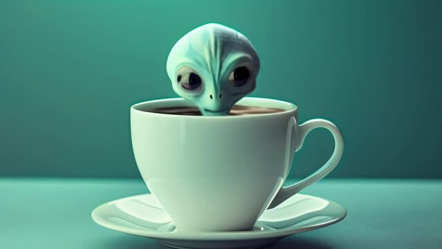 A cute alien takes a dip in a cup of coffee, creating a funny and surreal scene. This 3D render is perfect for projects involving extraterrestrials, humor, and the unexpected.