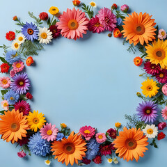 Obraz premium Flowers composition. Wreath made of colorful flowers on pastel blue background. Spring, easter, summer concept. Flat lay, top view, copy space, square