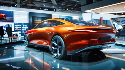 Fototapeta premium concept car at an auto show, where the exterior surfaces dynamically display technical specifications and design features