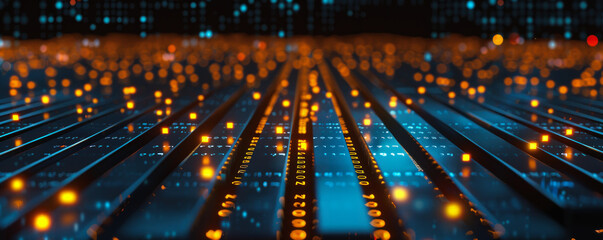 A computer screen with a blue background and orange lines. The lines are filled with numbers and letters