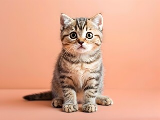 Adorable Scottish Fold Kitten Sitting on Pastel Peach Background with Copyspace