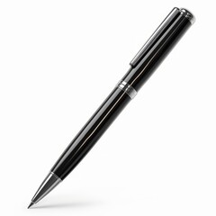 A black pen with silver accents sits on a white background